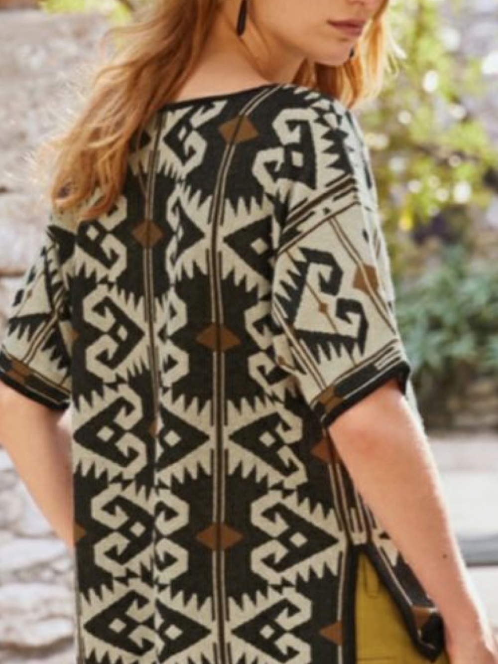 Peruvian Connection Geometric Tribal Black, Cream & Brown Aztec Boxy  Knit Top